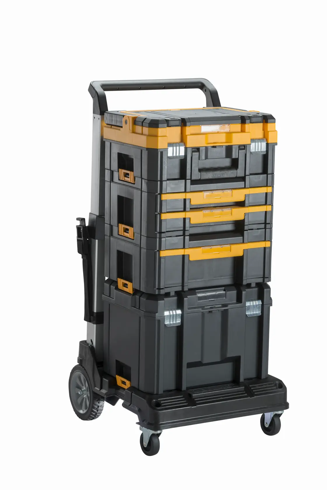 A DEWALT branded rolling utility cart with two large rear wheels and two smaller front caster wheels, featuring a sturdy handle and a flat base for carrying tools or equipment.
