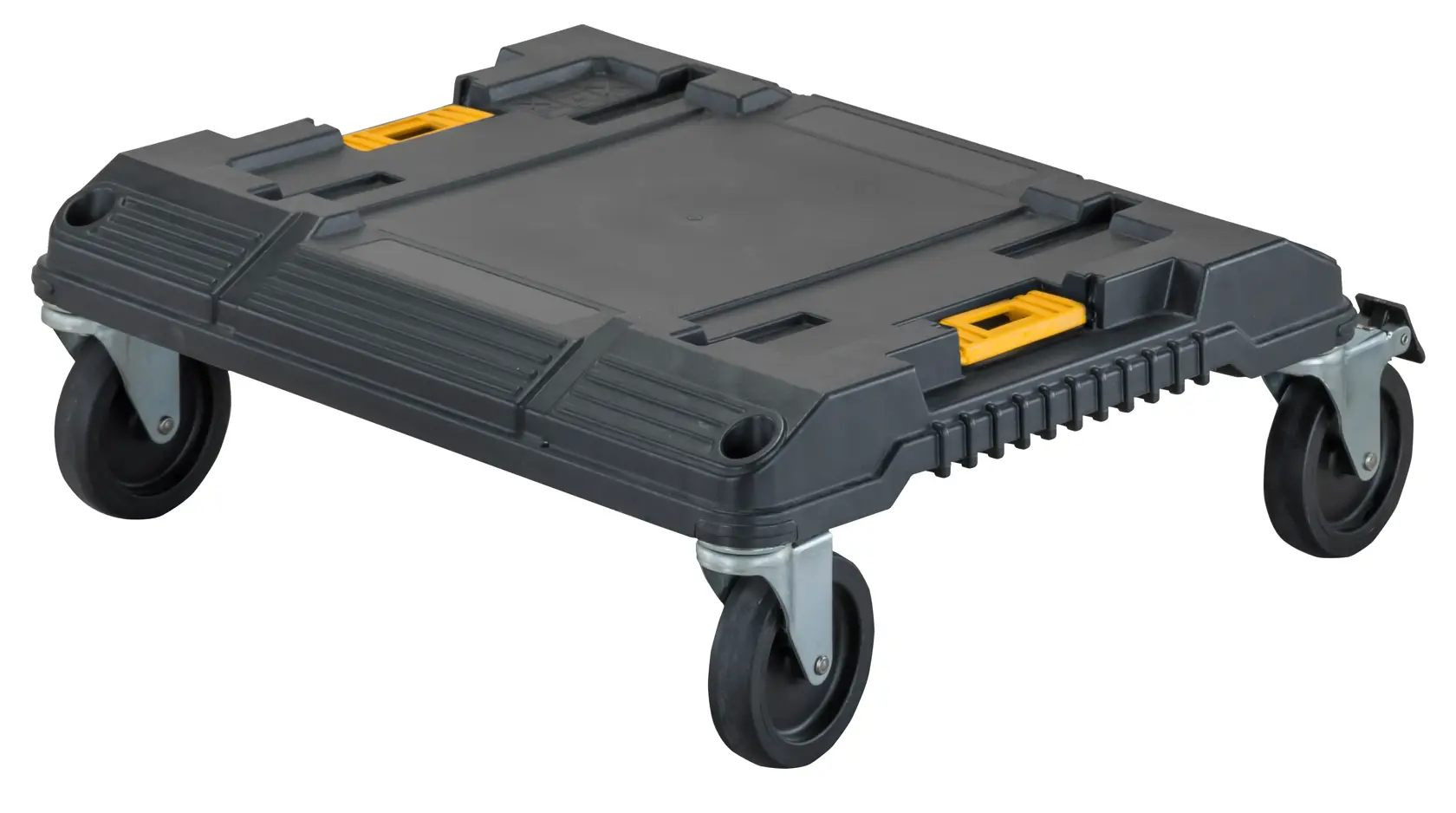 Una piattaforma mobile DEWALT nera e gialla con quattro ruote, progettata per trasportare scatole porta attrezzi pesanti.