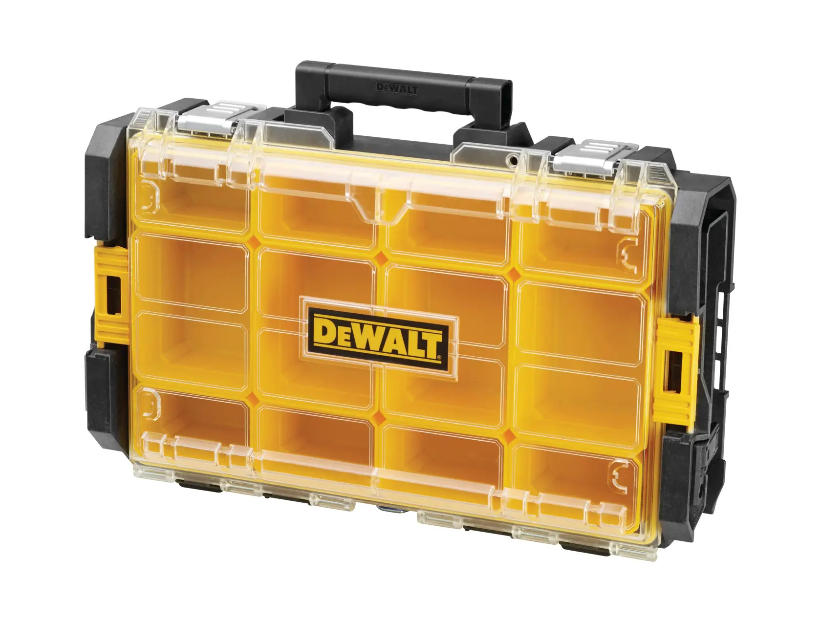 Organizer DEWALT giallo in plastica con coperchio trasparente e scomparti per piccoli oggetti.