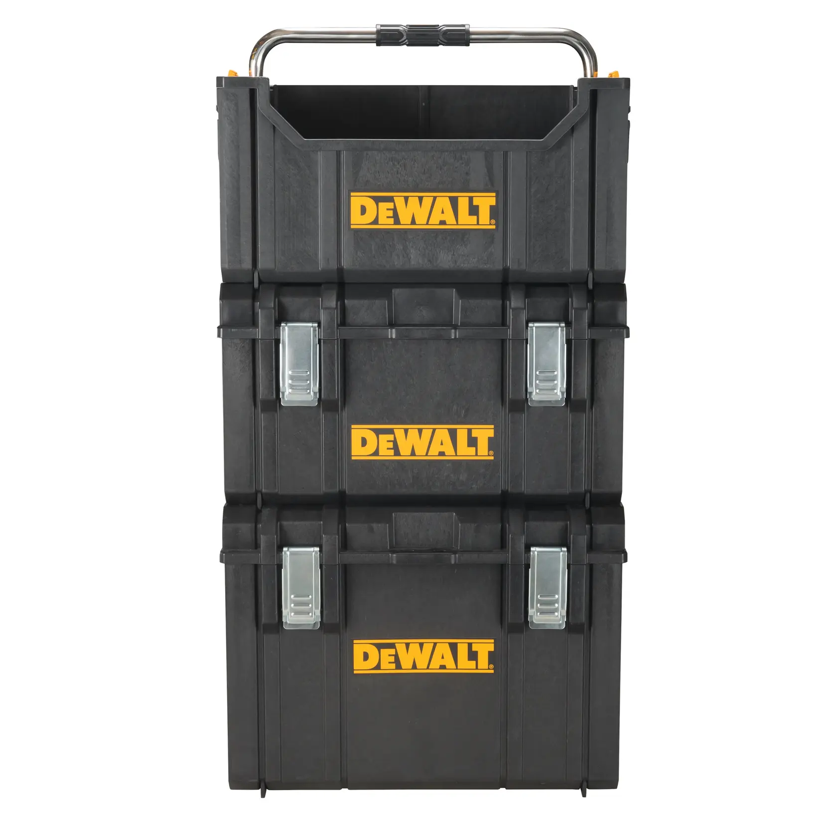 DEWALT ToughSystem 2.0 promotional graphic with the slogan 'Storage Built to Handle It' in large, bold yellow lettering on a dark, textured background.