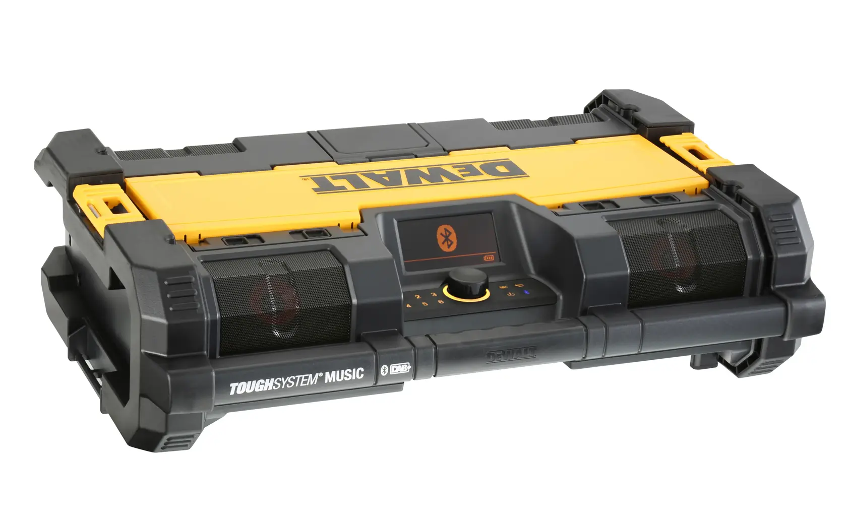 Radio e caricatore portatile DEWALT nero e giallo con maniglia e pannello di controllo sopra.
