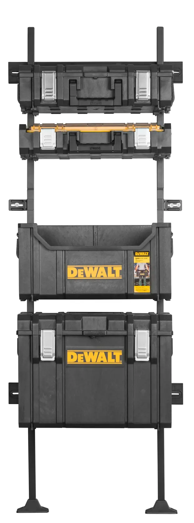 DEWALT ToughSystem 2.0 promotional graphic with the slogan 'Storage Built to Handle It' in large, bold yellow lettering on a dark, textured background.