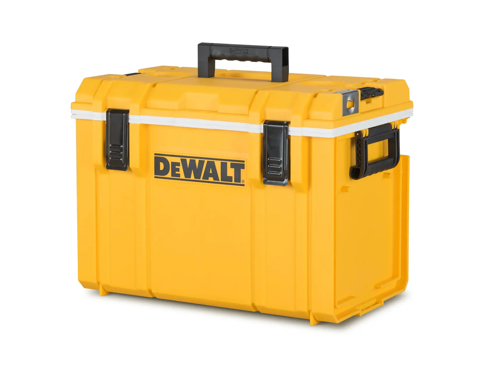 Graphique promotionnel DEWALT ToughSystem 2.0 avec le slogan 'Storage Built to Handle It' en grandes lettres jaunes sur un fond sombre texturé.