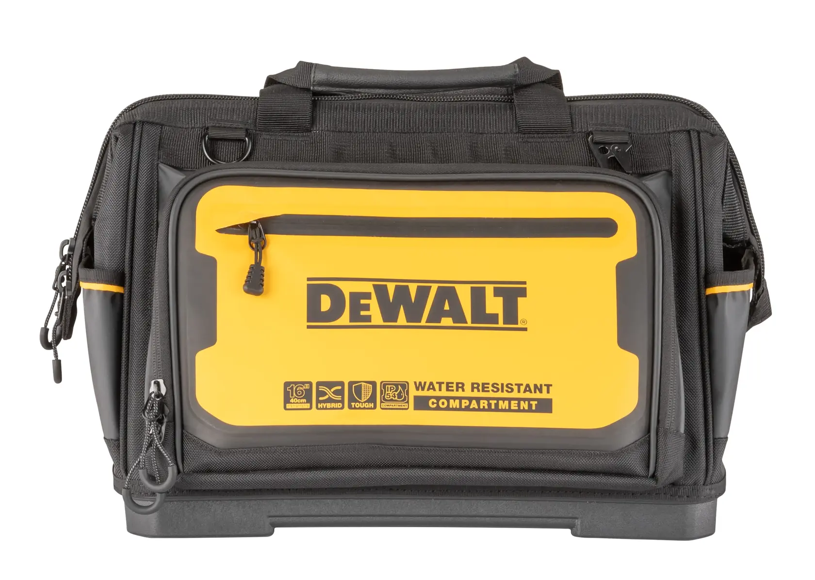 Borsa per attrezzi DEWALT nera e gialla con compartimento resistente all’acqua, tasche con zip e manici robusti.