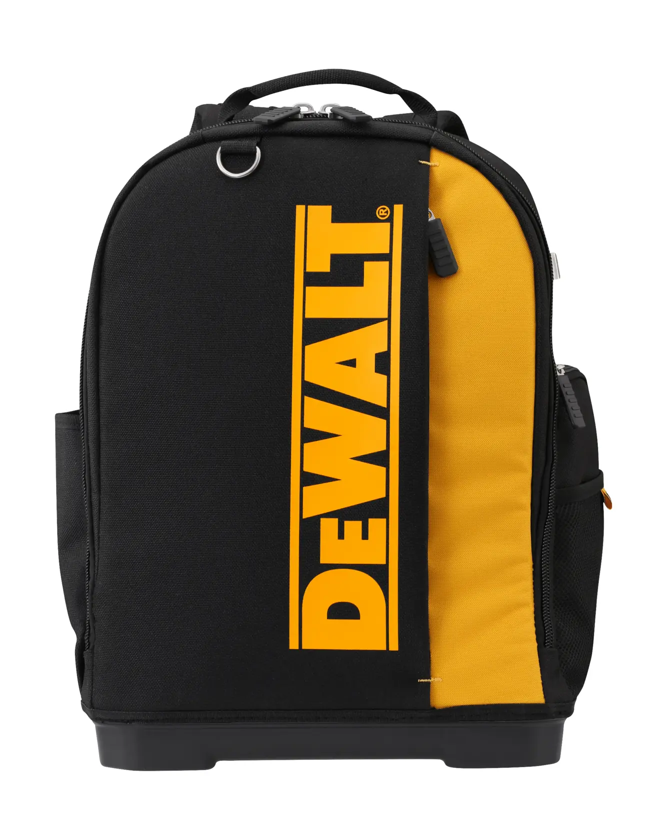 Zaino DEWALT nero e giallo con logo in vista, manico robusto e scomparti con zip, vista frontale.