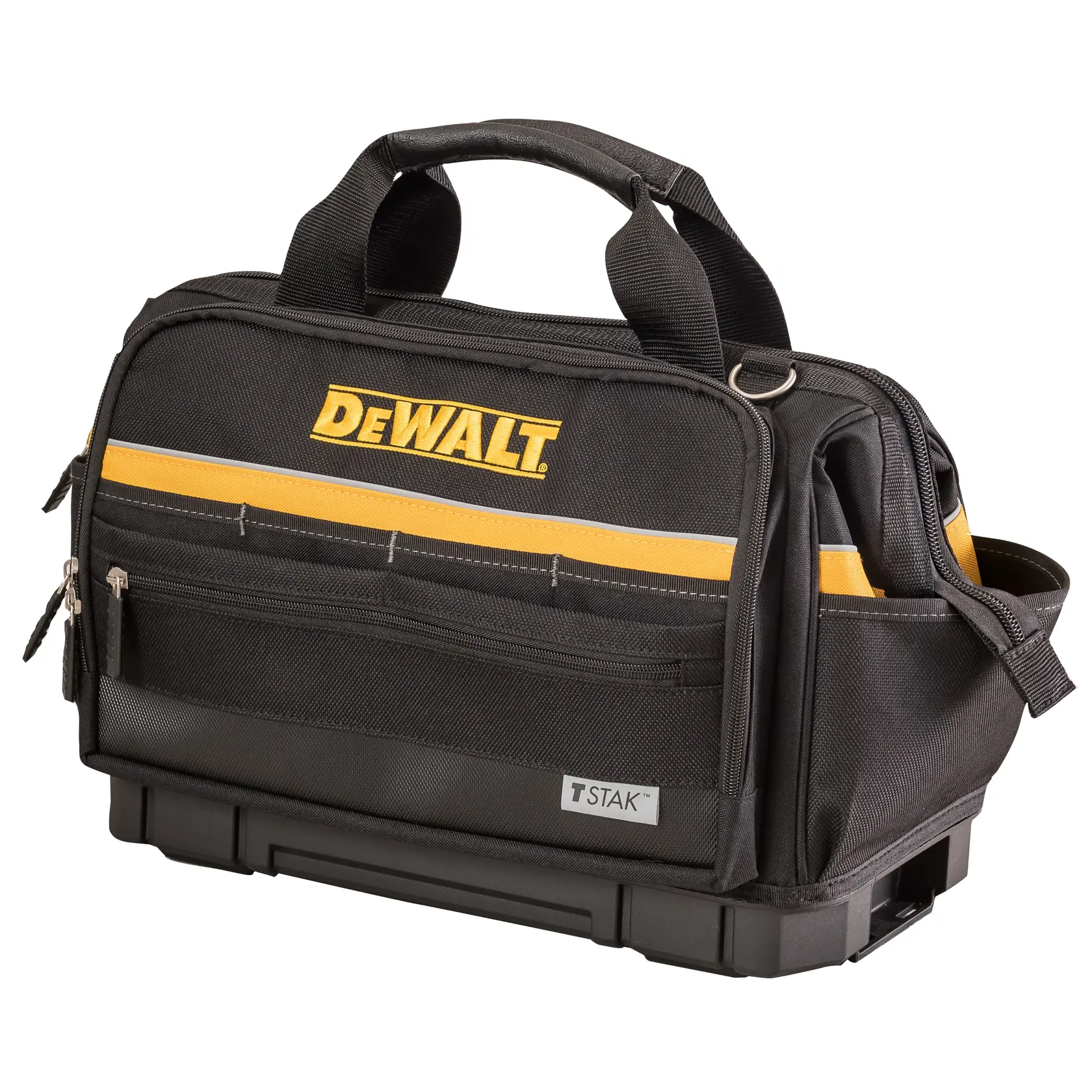 Borsa porta attrezzi DEWALT nera con manici, striscia gialla, tasche con zip e base TSTAK.