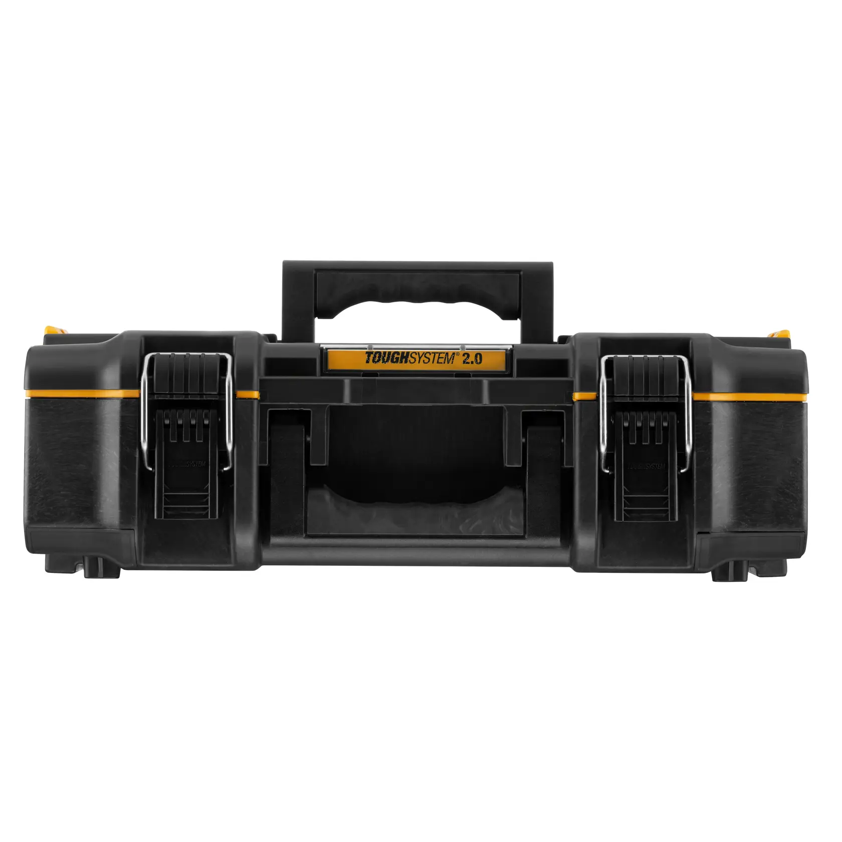 Graphique promotionnel DEWALT ToughSystem 2.0 avec le slogan 'Storage Built to Handle It' en grandes lettres jaunes sur un fond sombre texturé.