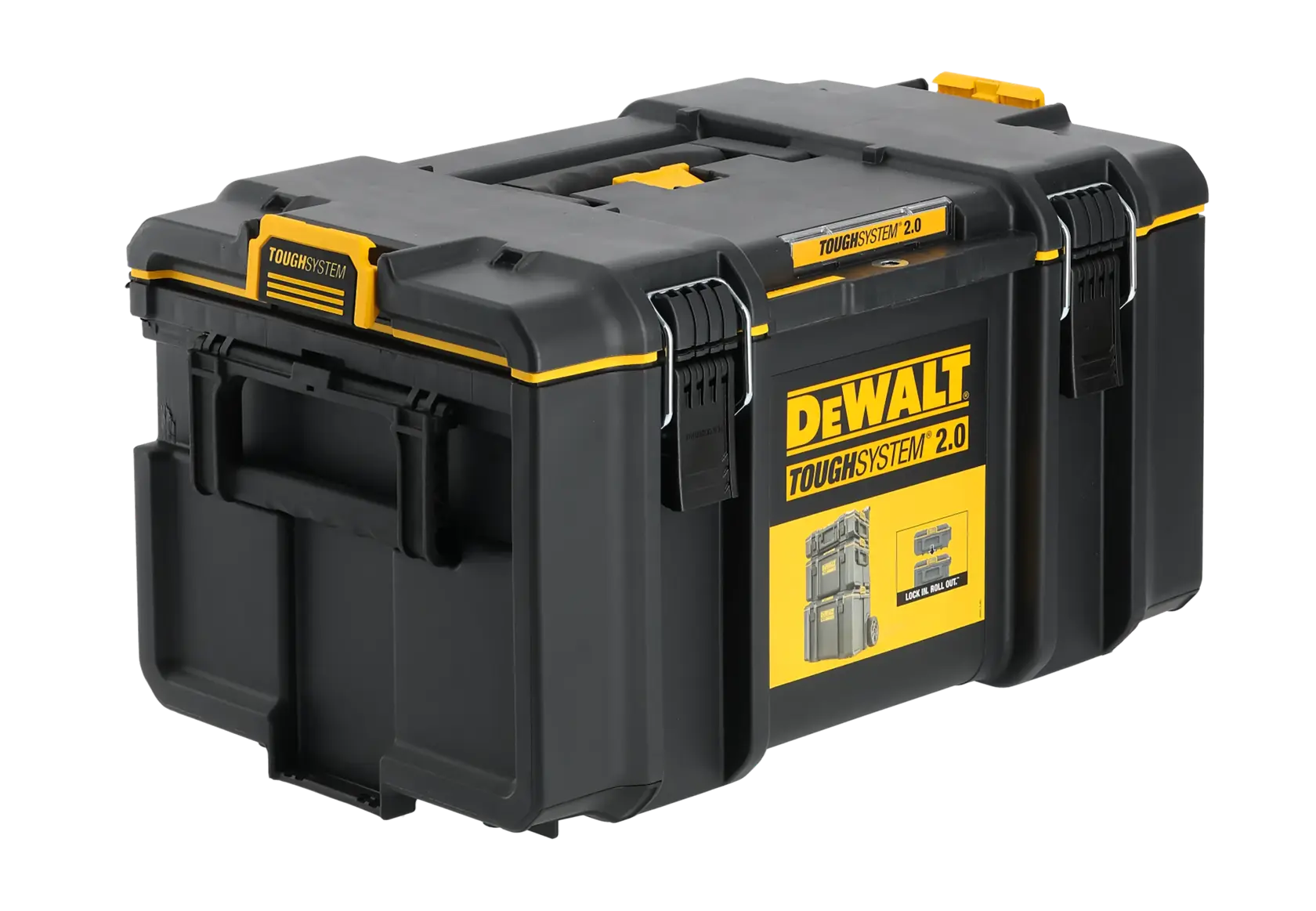 Graphique promotionnel DEWALT ToughSystem 2.0 avec le slogan 'Storage Built to Handle It' en grandes lettres jaunes sur un fond sombre texturé.