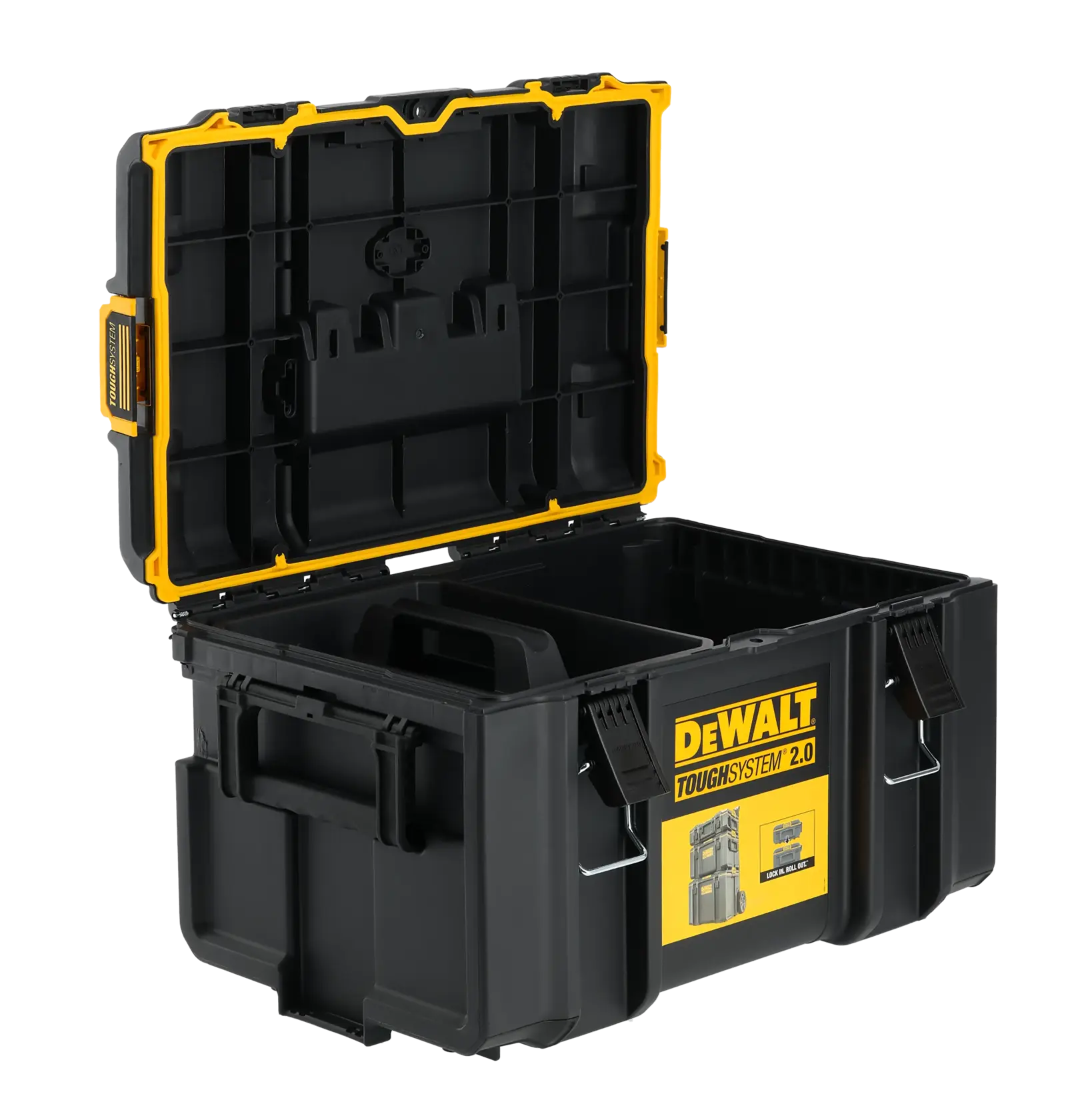 DEWALT ToughSystem 2.0 promotional graphic with the slogan 'Storage Built to Handle It' in large, bold yellow lettering on a dark, textured background.