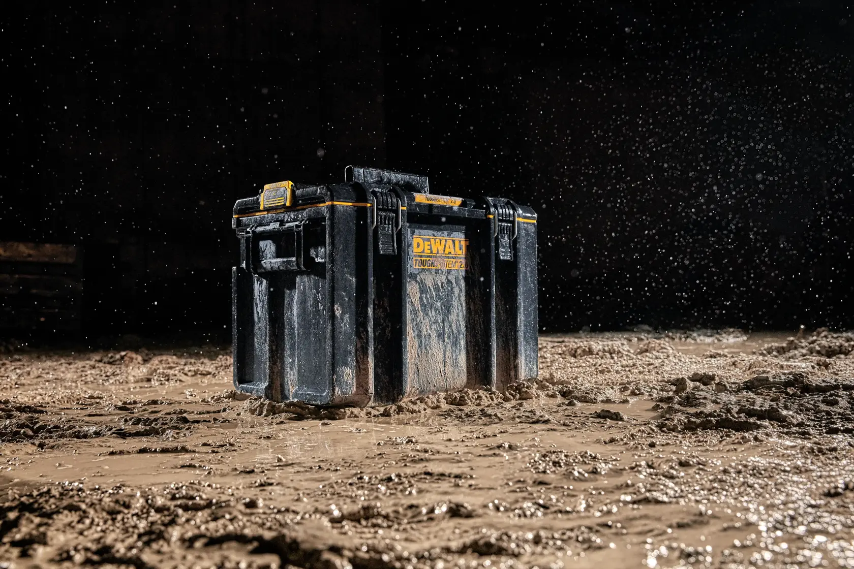 DEWALT ToughSystem 2.0 promotional graphic with the slogan 'Storage Built to Handle It' in large, bold yellow lettering on a dark, textured background.