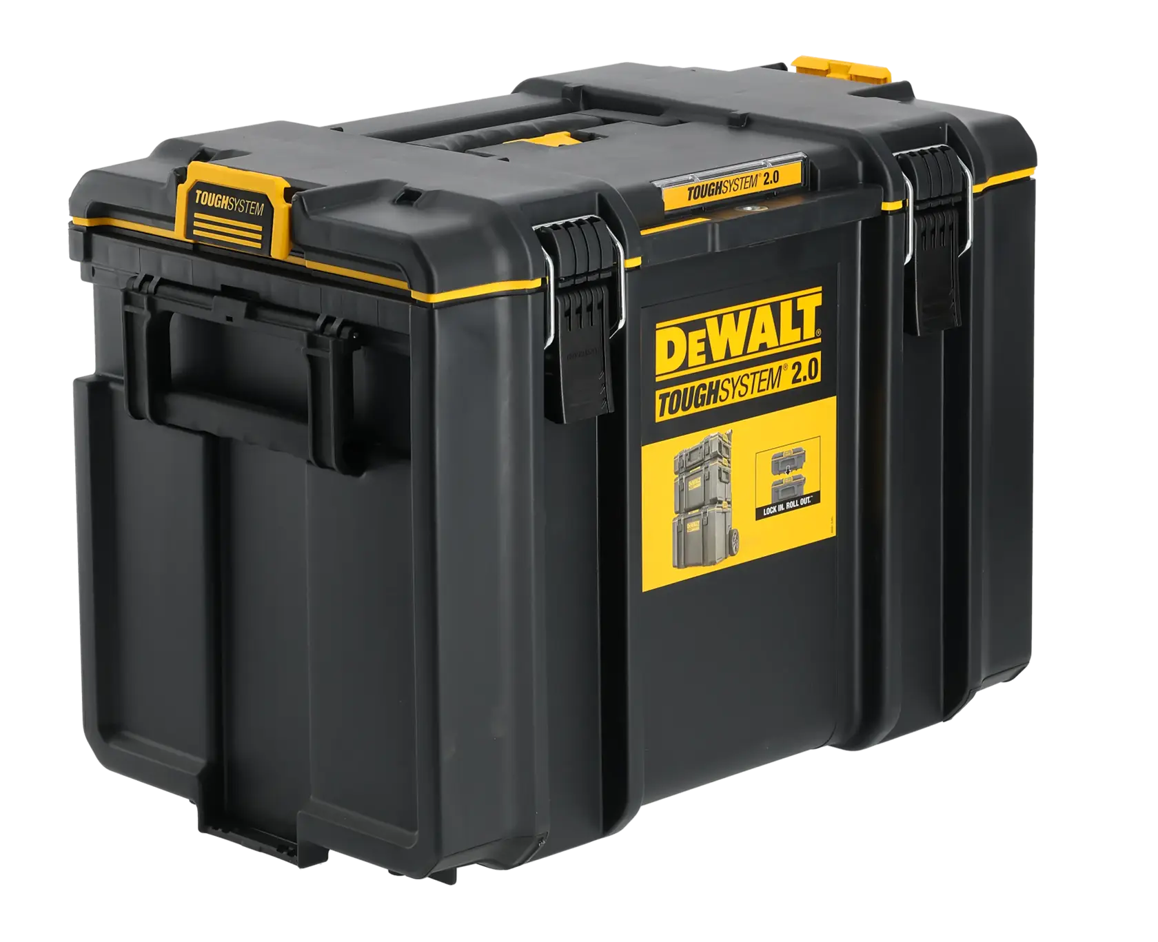 Graphique promotionnel DEWALT ToughSystem 2.0 avec le slogan 'Storage Built to Handle It' en grandes lettres jaunes sur un fond sombre texturé.