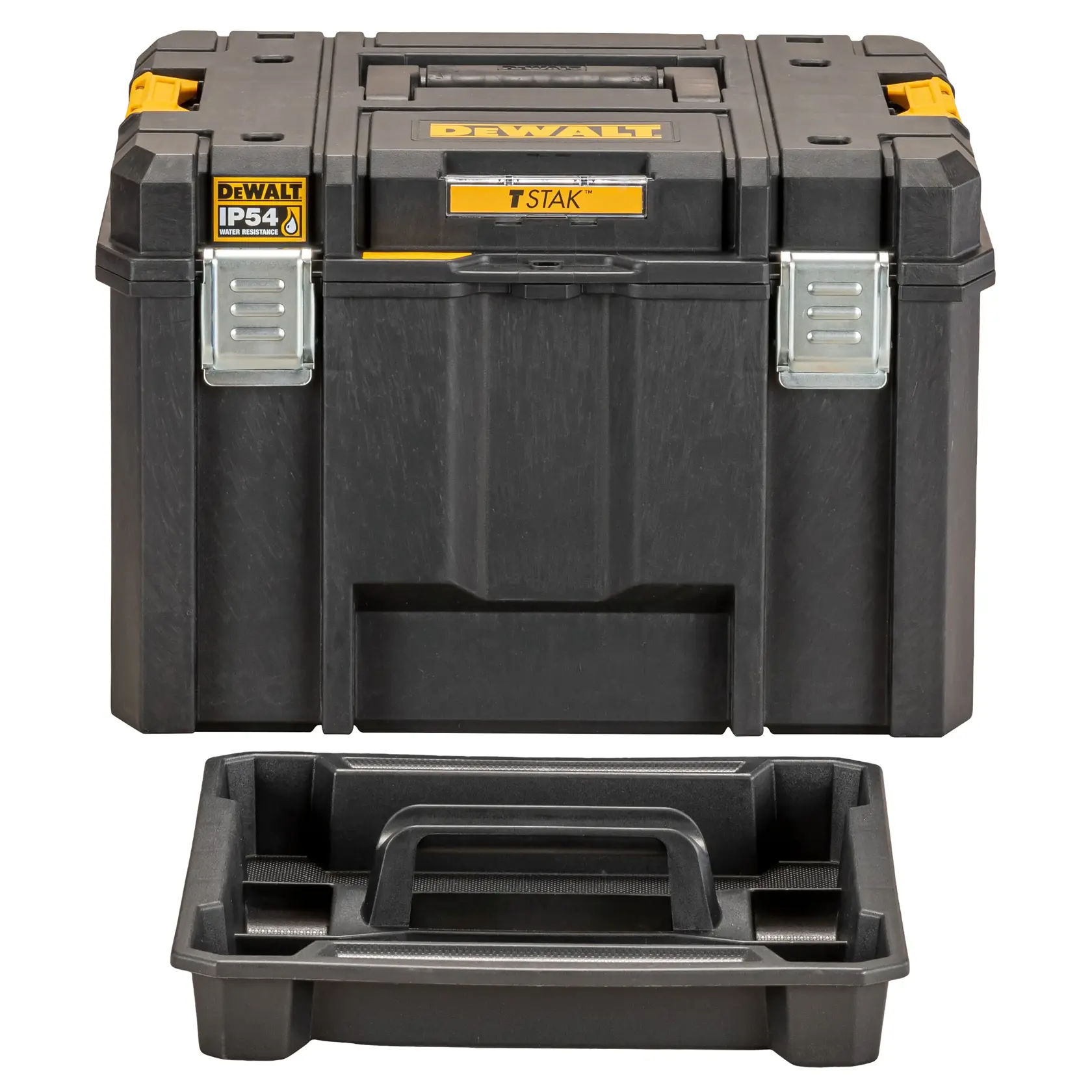 Box porta attrezzi DEWALT nero con chiusure metalliche e vassoio rimovibile davanti.