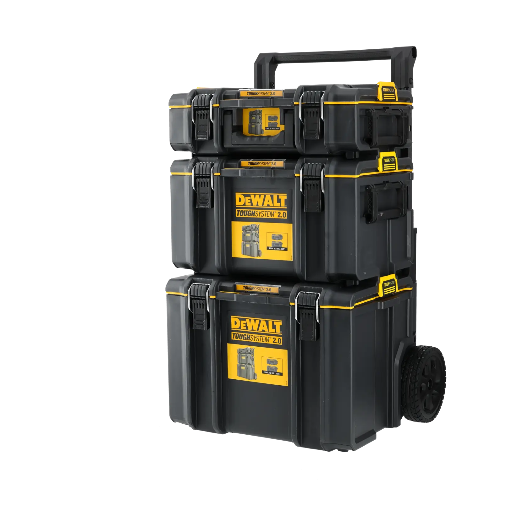 Graphique promotionnel DEWALT ToughSystem 2.0 avec le slogan 'Storage Built to Handle It' en grandes lettres jaunes sur un fond sombre texturé.