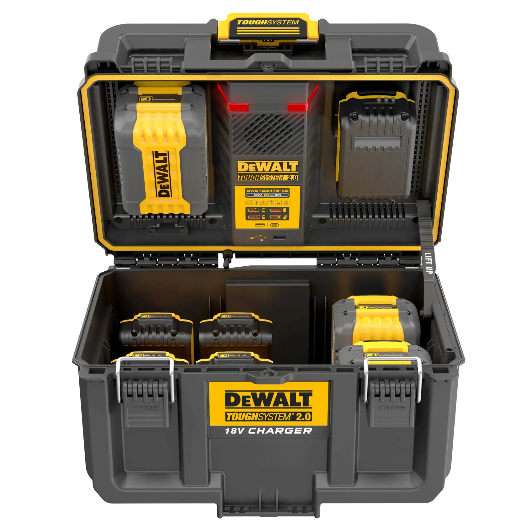 Valigia caricabatterie DEWALT ToughSystem 2.0 con più alloggiamenti e design giallo-nero.