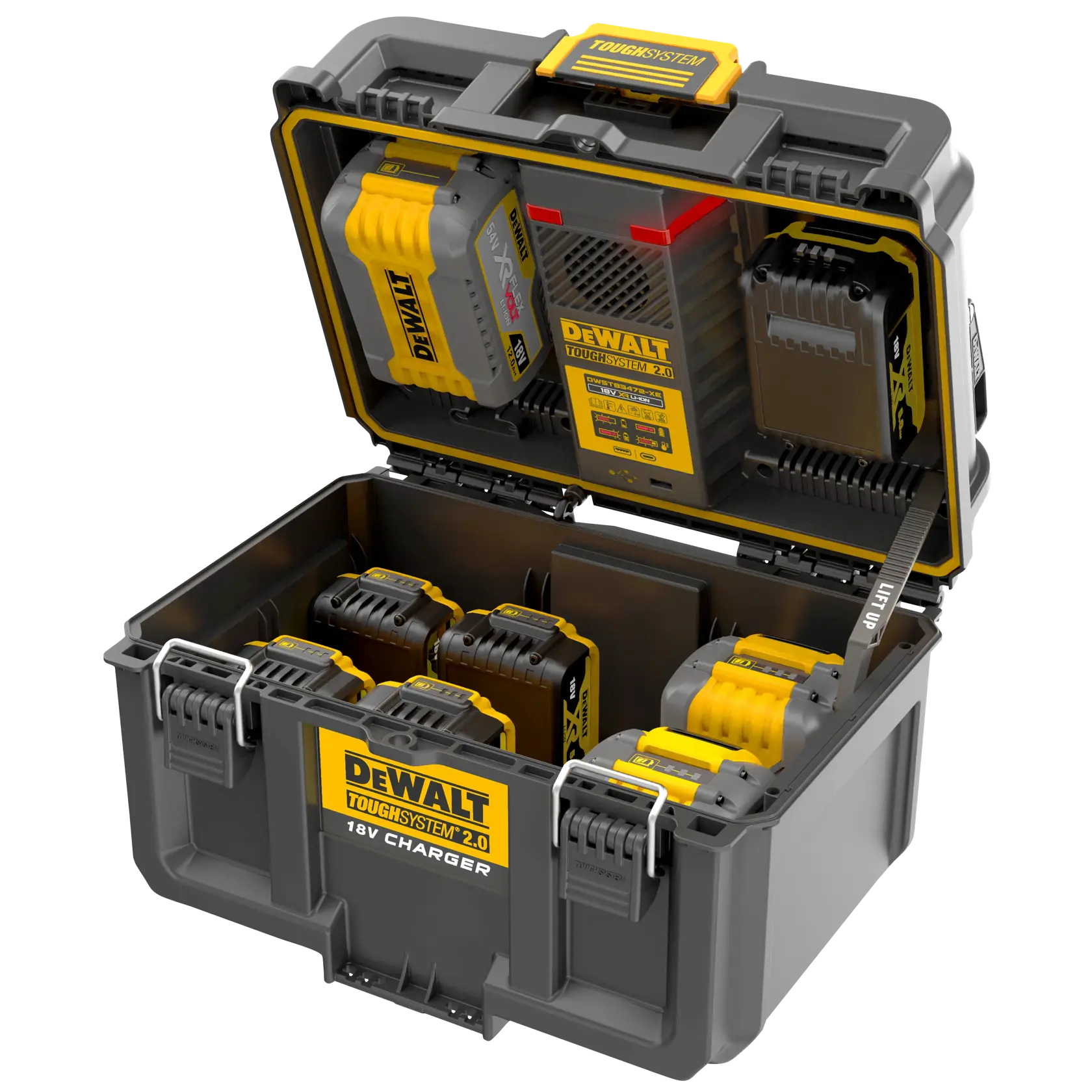 Graphique promotionnel DEWALT ToughSystem 2.0 avec le slogan 'Storage Built to Handle It' en grandes lettres jaunes sur un fond sombre texturé.