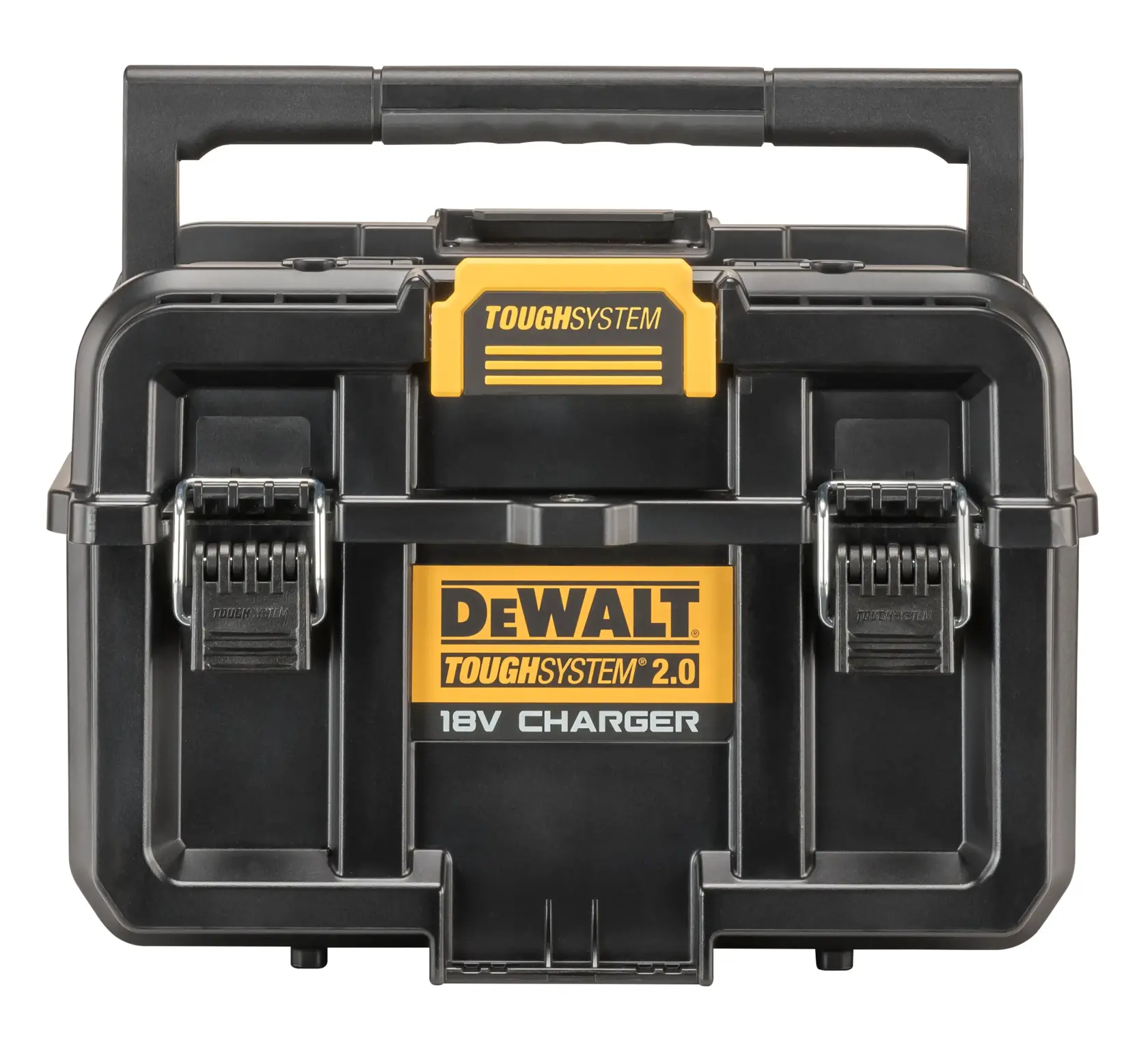 DEWALT ToughSystem 2.0 promotional graphic with the slogan 'Storage Built to Handle It' in large, bold yellow lettering on a dark, textured background.