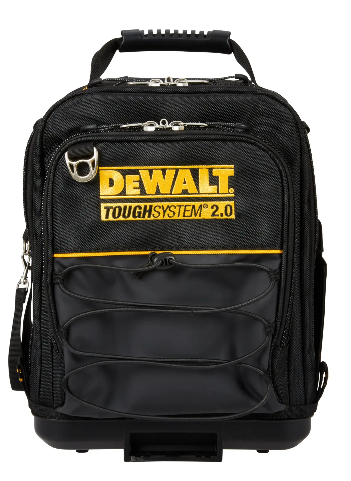 Vista frontale di una borsa porta attrezzi nera DEWALT ToughSystem 2.0 con marchio giallo, diversi scomparti, cerniere, una maniglia e fasce elastiche per riporre gli strumenti.