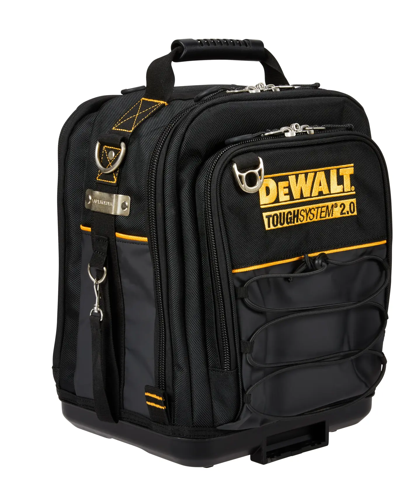 Zaino fotografico nero DEWALT ToughSystem 2.0 con manico robusto e vari scomparti.